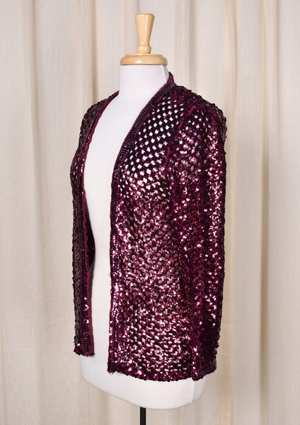 1980s Vintage Raspberry Sequin Cardigan Cats Like Us
