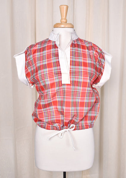 1980s Vintage Red Plaid Top w Epaulets Cats Like Us