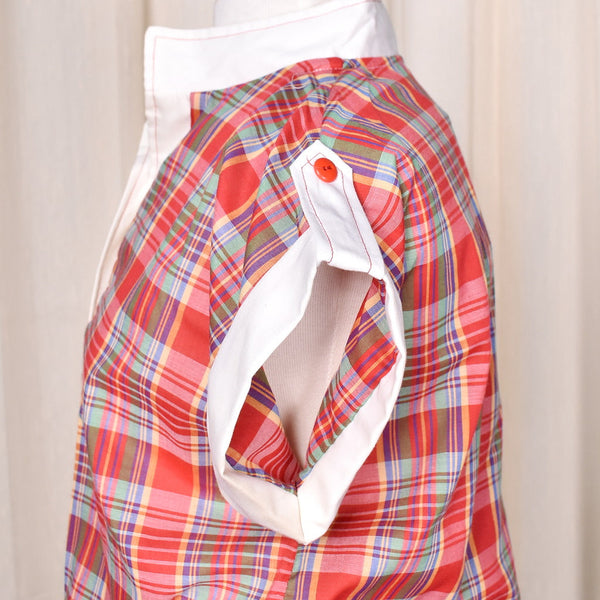 1980s Vintage Red Plaid Top w Epaulets Cats Like Us