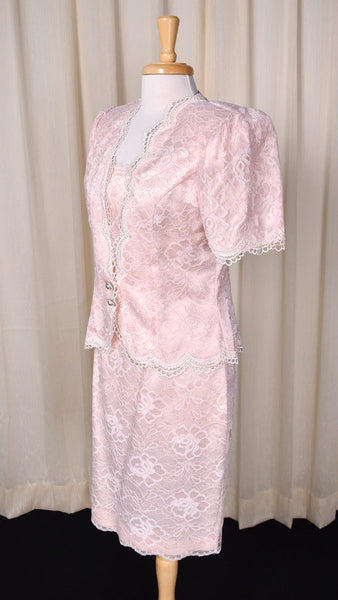 1990s Pink Lace Skirt Suit Set Cats Like Us