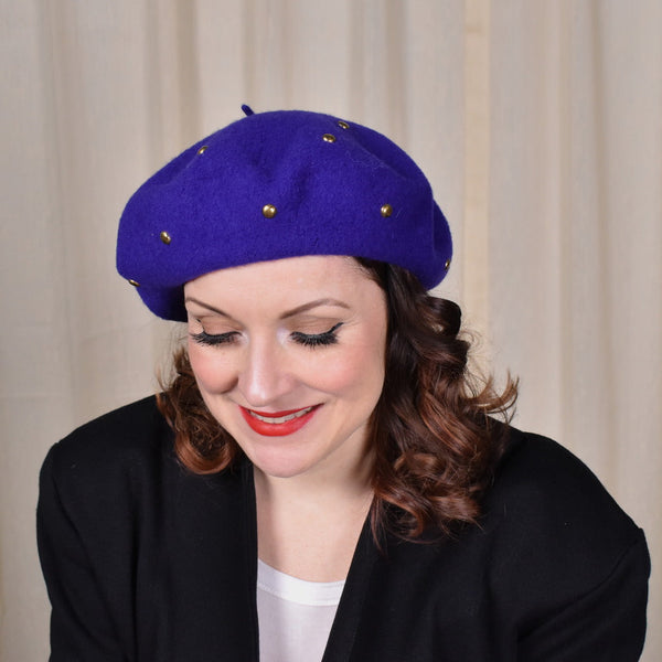 1990s Purple Gold Rivet Wool Beret Cats Like Us