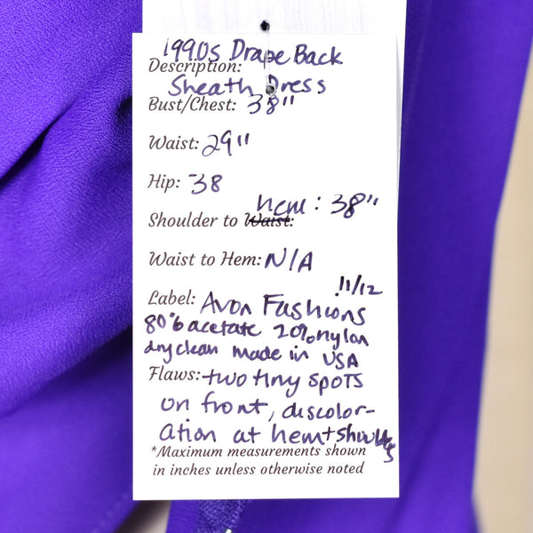 1990s Vintage Purple Drape Back Sheath Dress Cats Like Us