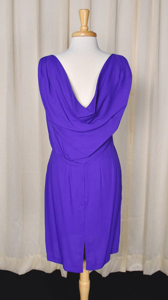 1990s Vintage Purple Drape Back Sheath Dress Cats Like Us