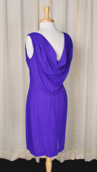 1990s Vintage Purple Drape Back Sheath Dress Cats Like Us