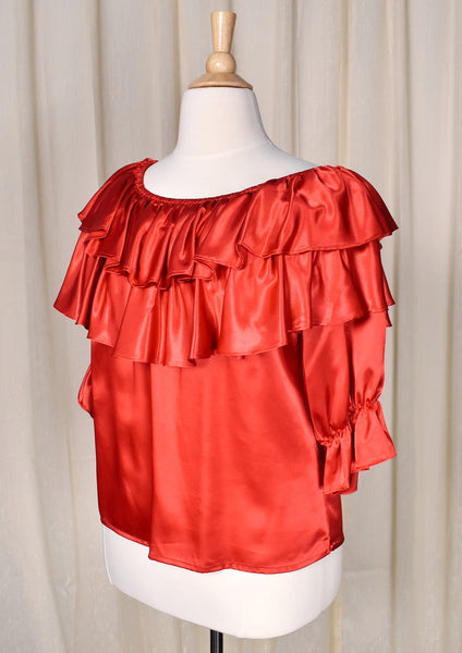 1990s Vintage Shiny Red Satin Ruffle Blouse Top Cats Like Us