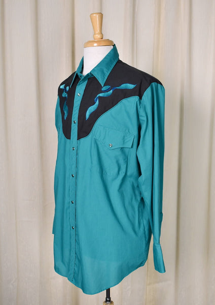 1990s Vintage Teal & Black Western Shirt Cats Like Us