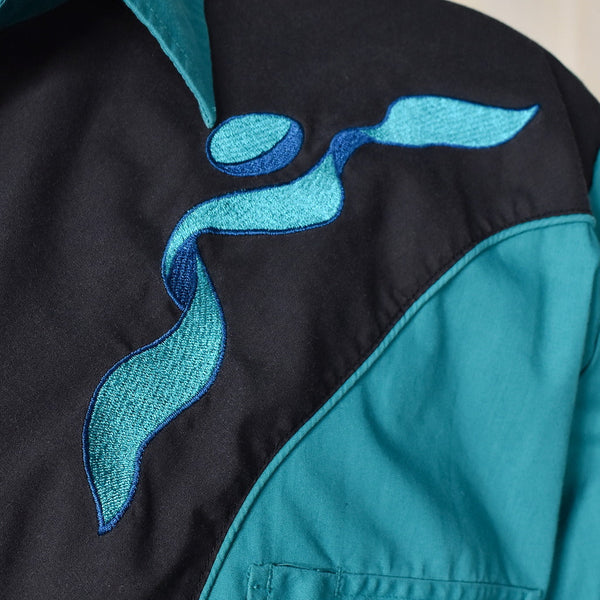 1990s Vintage Teal & Black Western Shirt Cats Like Us