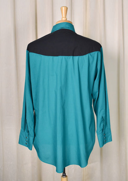1990s Vintage Teal & Black Western Shirt Cats Like Us