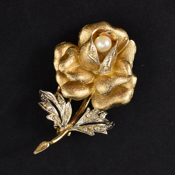 3D Gold Rose & Pearl Brooch Cats Like Us