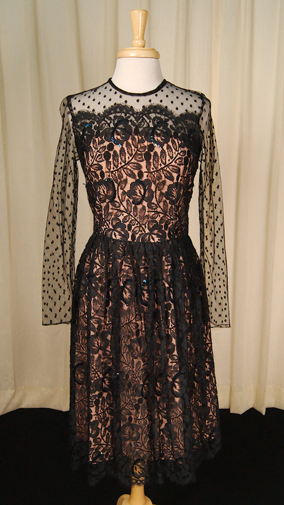 knee length dresses for ladies Vintage 1980s Carolina Herrera Black Lace Dress, Small main image 0