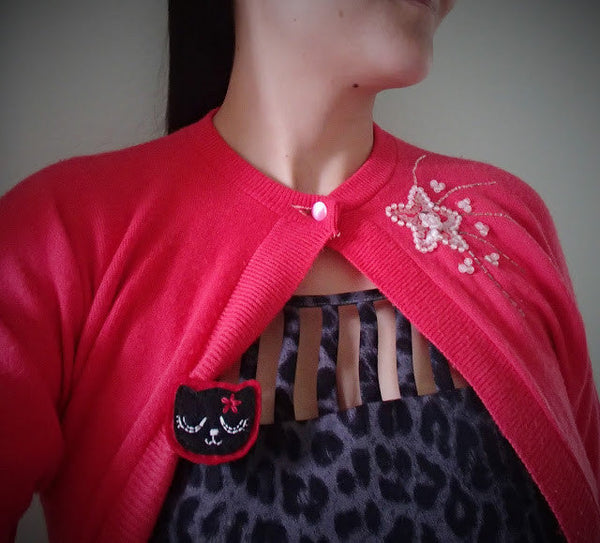 Black Kitty Pin in Girly Red Cats Like Us