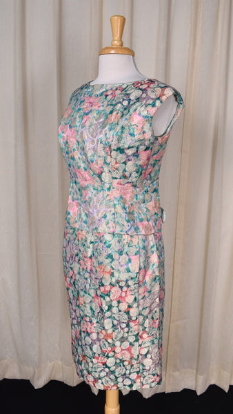 1960s Metallic Floral Brocade Sheath Dress Set