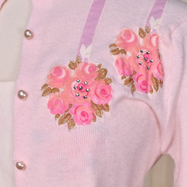 1950s Pink Roses Gilden Swing Dress w Rhinestone Cardigan