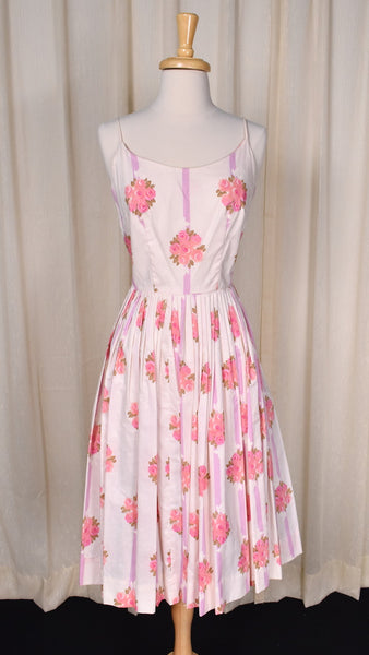 1950s Pink Roses Gilden Swing Dress w Rhinestone Cardigan