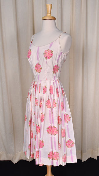 1950s Pink Roses Gilden Swing Dress w Rhinestone Cardigan