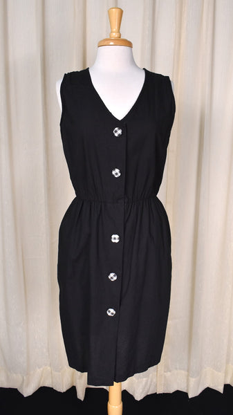 1980s Black Gingham Button Dress