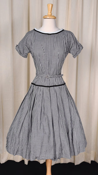 1960s Black Gingham Button Back Swing Dress