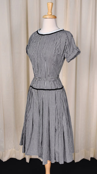 1960s Black Gingham Button Back Swing Dress