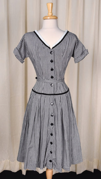 1960s Black Gingham Button Back Swing Dress