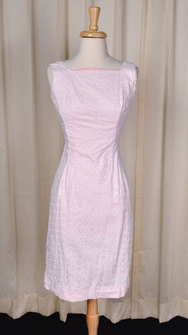 1950s Pink & White Eyelet Wiggle Dress