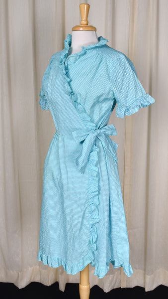 1960s Blue Gingham Seersucker Ruffle Wrap Dress