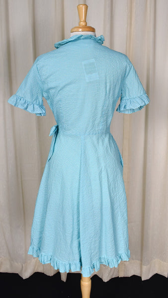 1960s Blue Gingham Seersucker Ruffle Wrap Dress