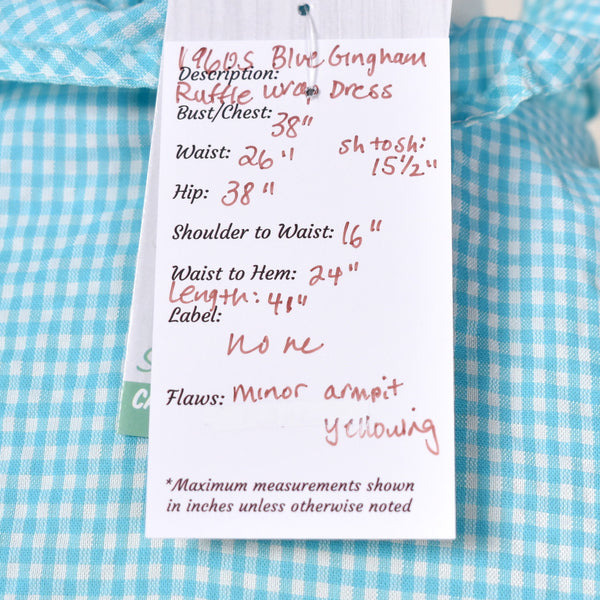 1960s Blue Gingham Seersucker Ruffle Wrap Dress