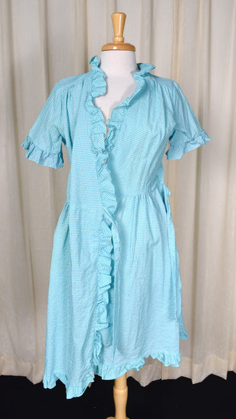 1960s Blue Gingham Seersucker Ruffle Wrap Dress