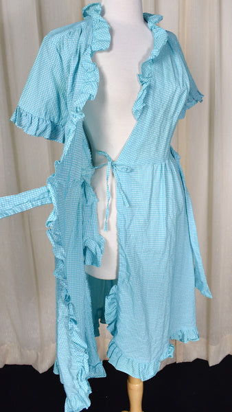 1960s Blue Gingham Seersucker Ruffle Wrap Dress