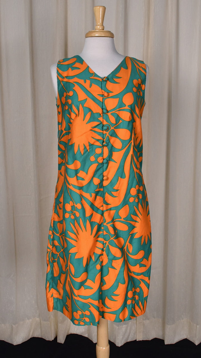 orange shift dress 1960s Loud Orange & Green Floral Shift Dress – Cats Like Us