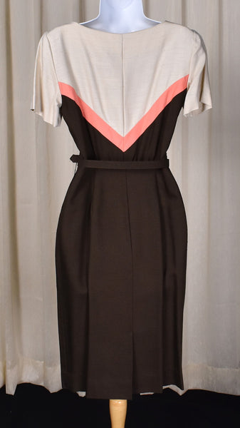 1960s Brown Chevron Color Block Wiggle Dress