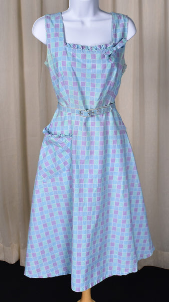 1950s Aqua Squares and Ruffles Dress