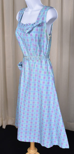 1950s Aqua Squares and Ruffles Dress