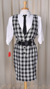 NWT 1990s Black & White Plaid Dress Skirt Jumper w Blouse & Tie