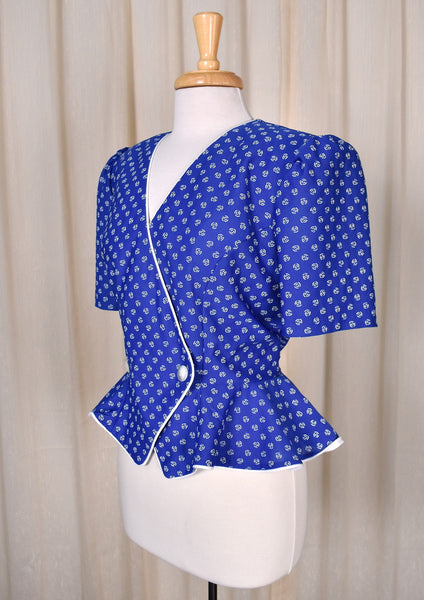1940s Style Blue Swirl Peplum Top