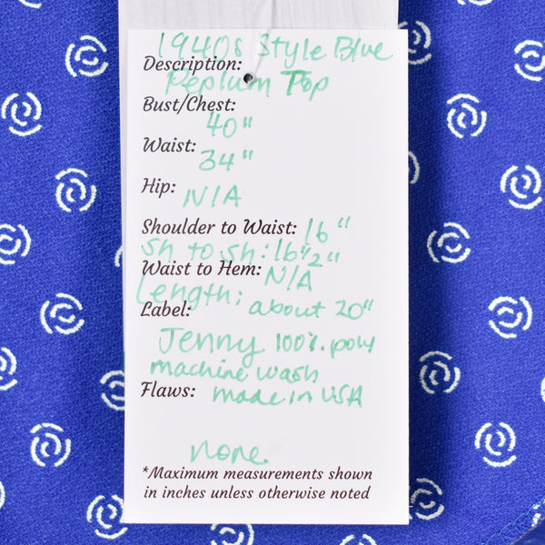 1940s Style Blue Swirl Peplum Top