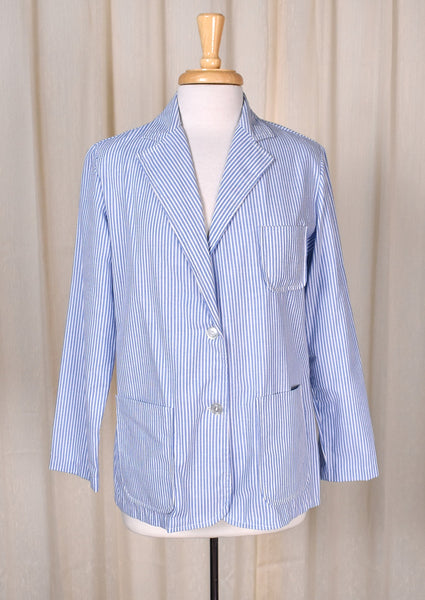 1970s Blue Striped Seersucker Blazer Jacket