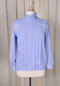 1940s Style Periwinkle Pleated Button Shoulder Blouse