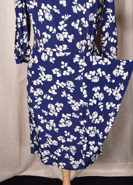 1940s Blue Cherry Print Dress