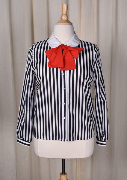NWT 1940s Style Black & White Striped Bow Blouse