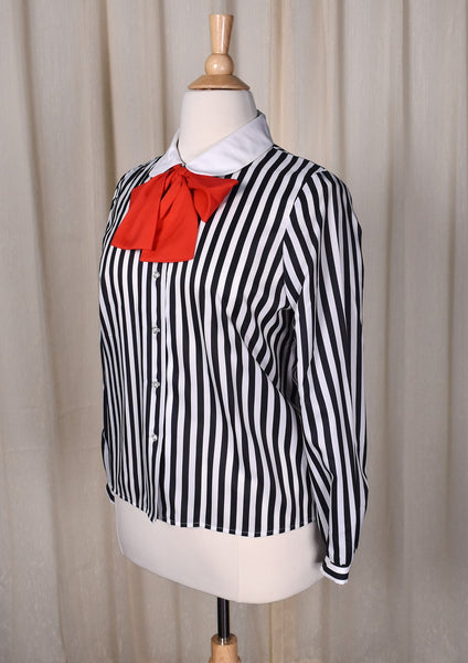 NWT 1940s Style Black & White Striped Bow Blouse