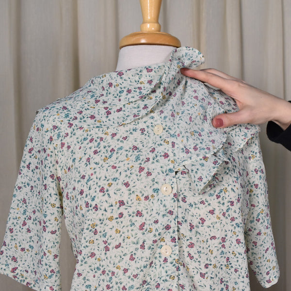 1940s Style Floral Crepe Ruffle Blouse