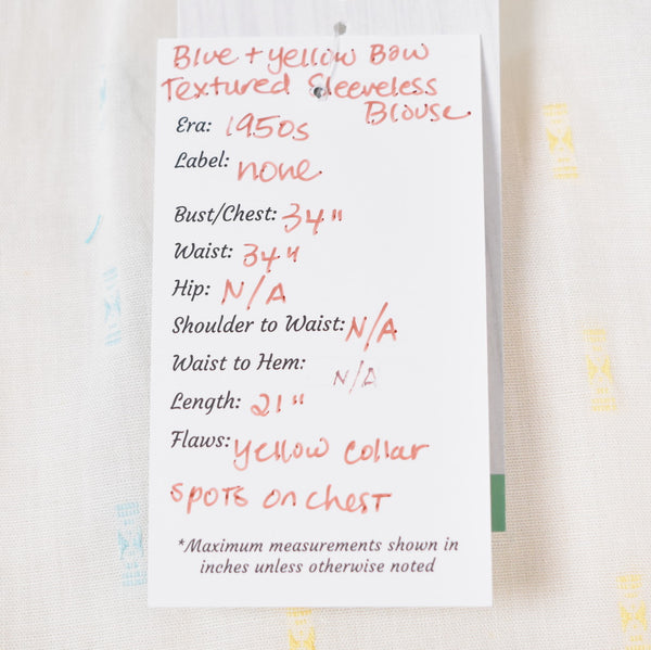 1950s Blue & Yellow Bow Textured Sleeveless Blouse