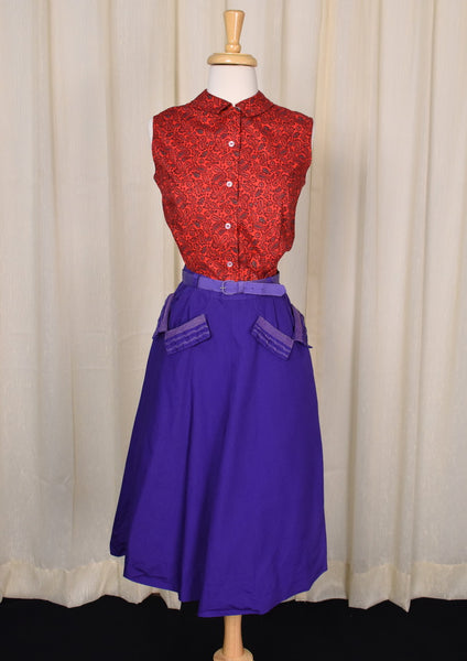 1950s Purple Stitched Pocket A-line Skirt