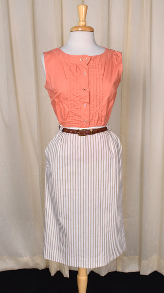 1960s Tan & White Striped Pencil Skirt