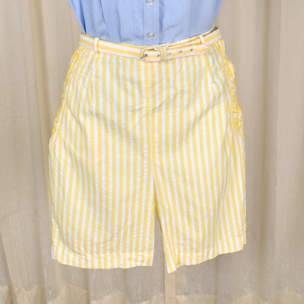 1950s Yellow Striped Seersucker Shorts w Belt