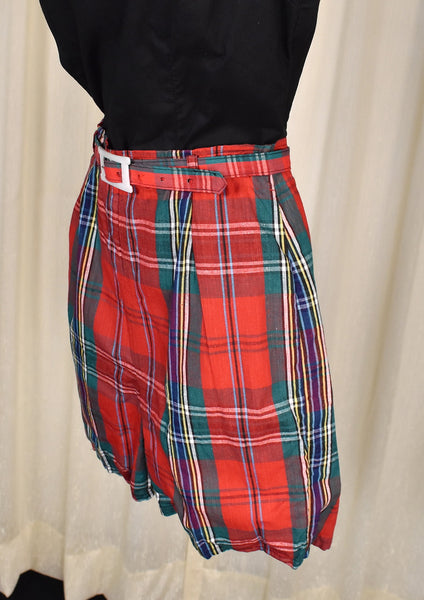 1950s Red Plaid High Waisted Shorts w Belt