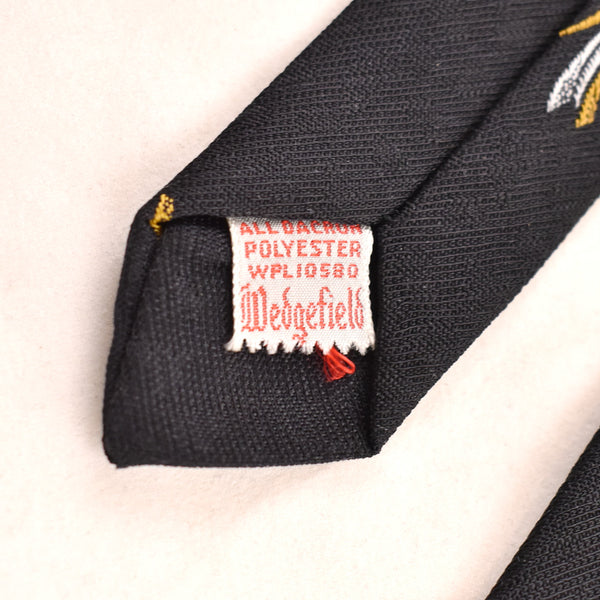 NOS 1960s Black Abstract Book Tie Gold Design