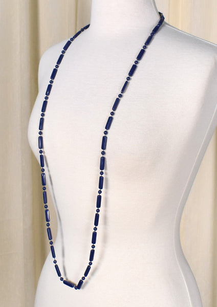 Long Blue Bar Bead Necklace
