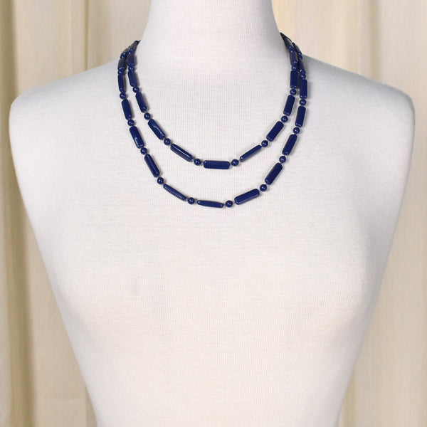 Long Blue Bar Bead Necklace